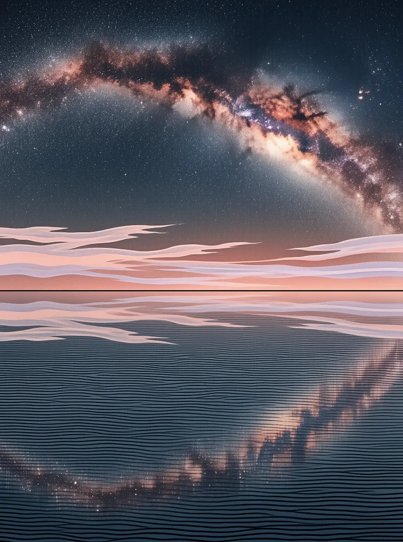 A glowing band of stars curves above flat rose colored cloud layers that mirror into a dark rippled sea below.