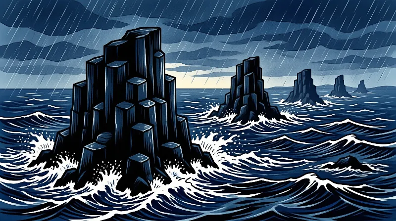 Dark blue seascape featuring tall hexagonal rock spires surrounded by turbulent waves and diagonal rain lines in the sky.