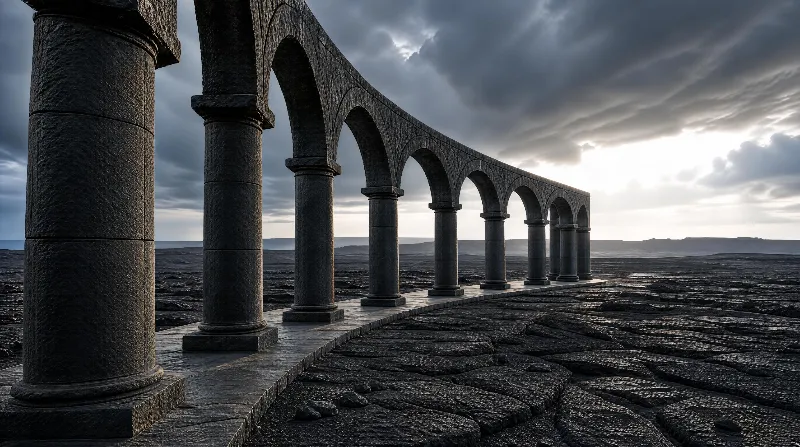 A row of ancient stone columns with arches stretches across a dark, cracked rocky landscape beneath a cloudy, dim sky.