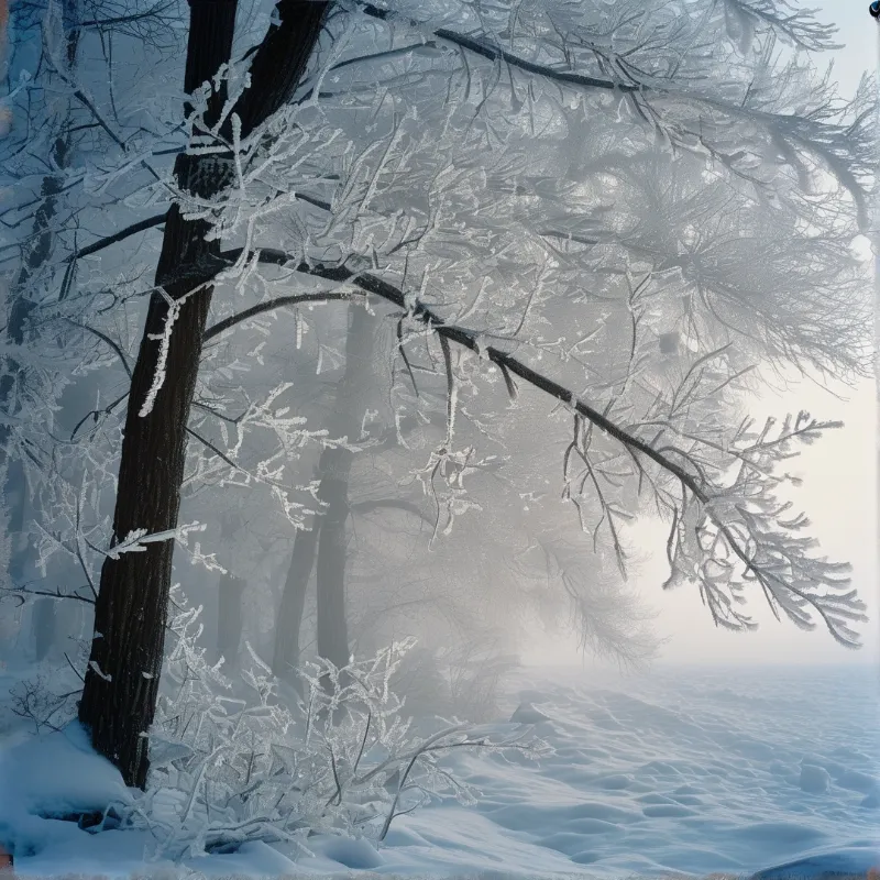 A dark tree trunk and branches coated in white ice crystals stand in a snowy field with foggy trees in the distance.