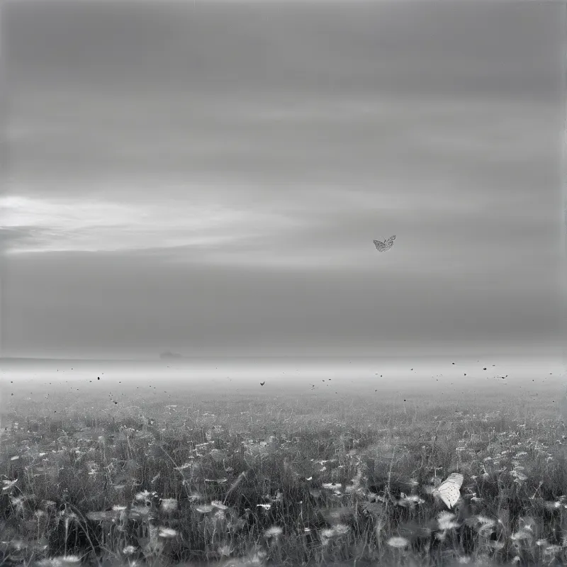 A monochromatic landscape featuring butterflies flying above a mist-covered field of wildflowers under an overcast sky.