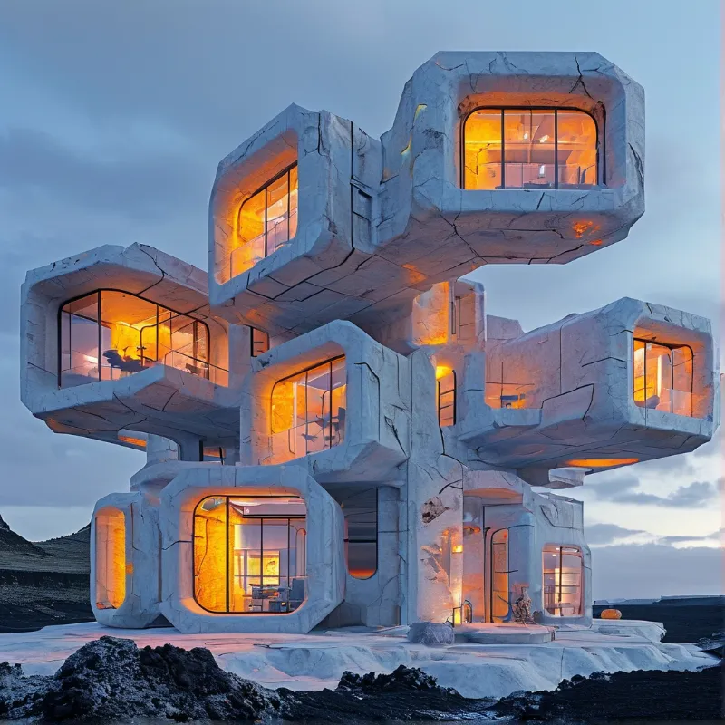 A modular concrete house with glowing orange windows stands on dark volcanic rock under a twilight sky