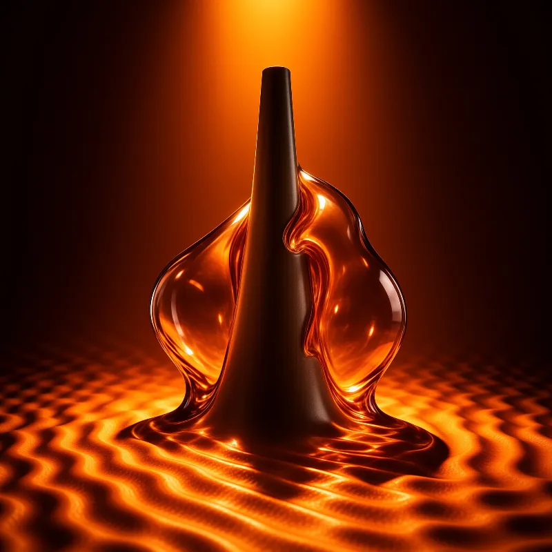 A dark tower is surrounded by a thick golden substance that ripples across the floor under dramatic orange illumination.