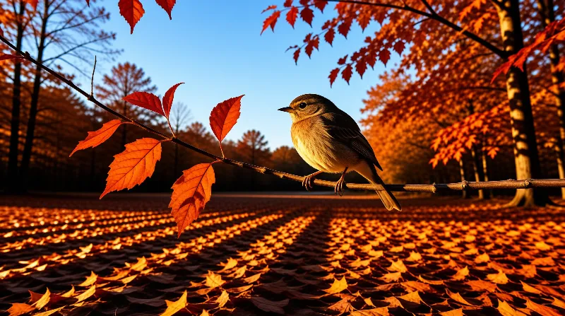 A brown and cream songbird grips a thin twig of scarlet leaves above a carpet of fallen foliage in low sun.