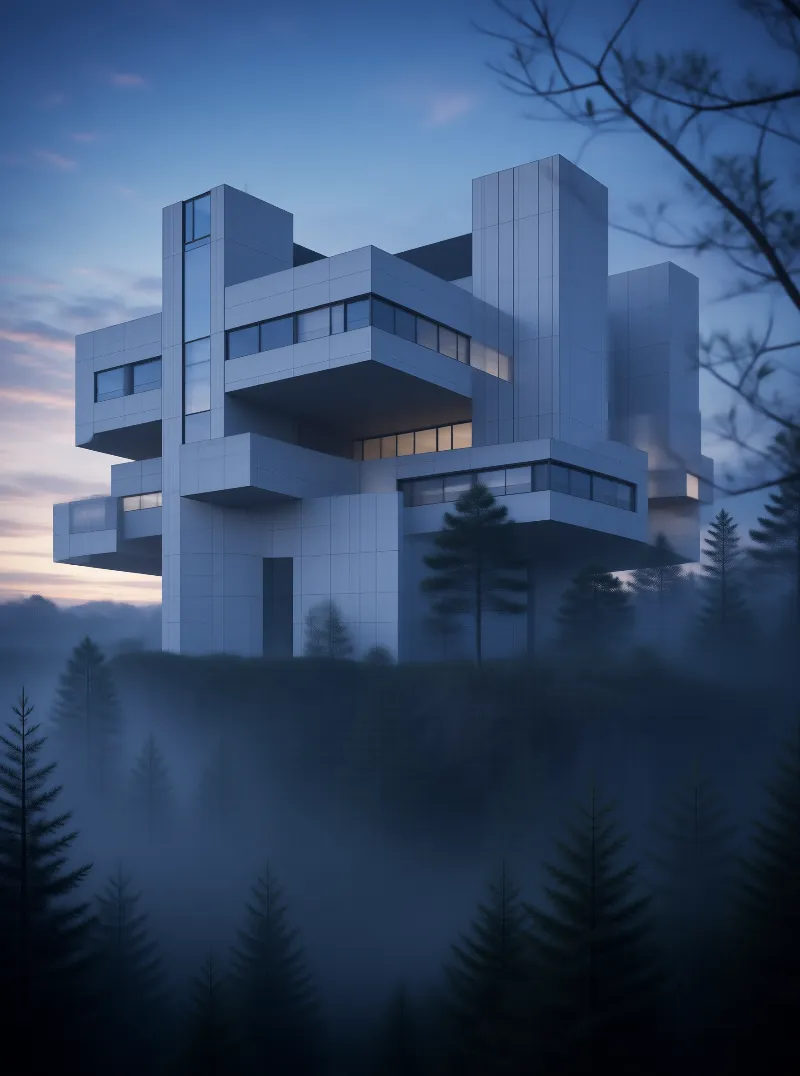 Modern Architectural Structure in Misty Forest