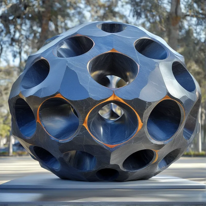 A dark metal sphere pierced by round holes rests on a low plinth while blurred trees catch the daylight.