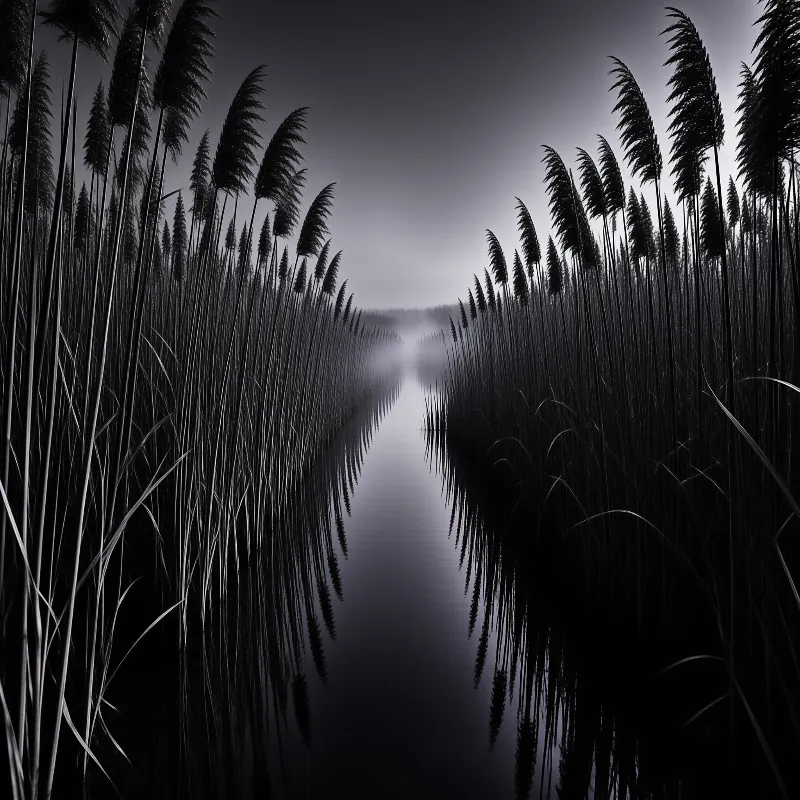 Tall dark reeds frame a calm black-and-white channel of water fading into low fog above a distant treeline.