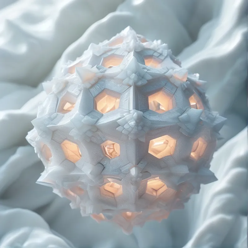 Illuminated hexagonal crystal sphere rests among white fabric folds, casting warm interior light on pale surface.