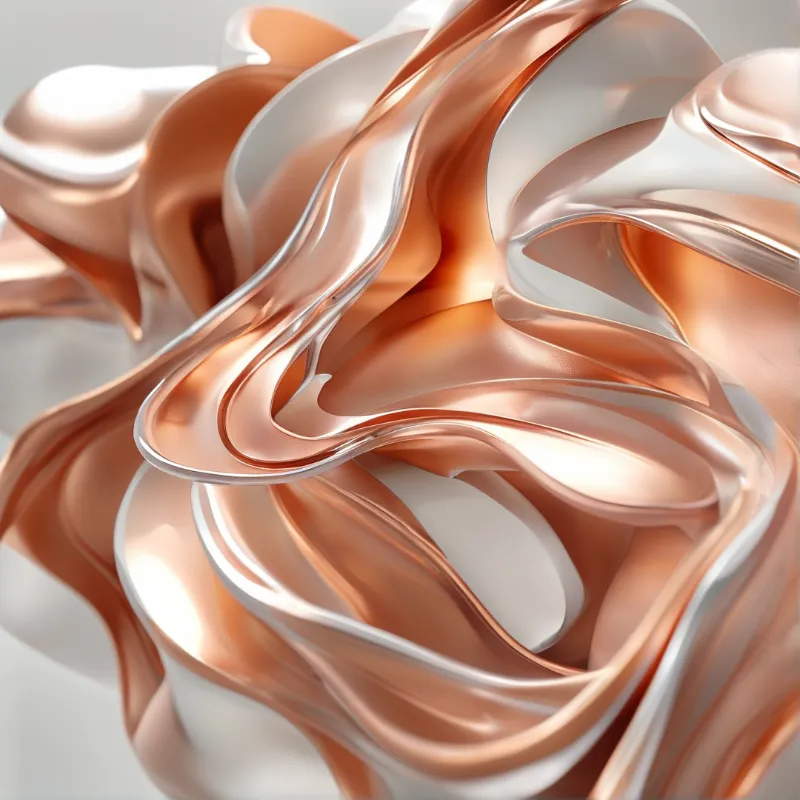 Glossy copper shapes flow through a pale neutral space with bright highlights tracing the curves of the metal.
