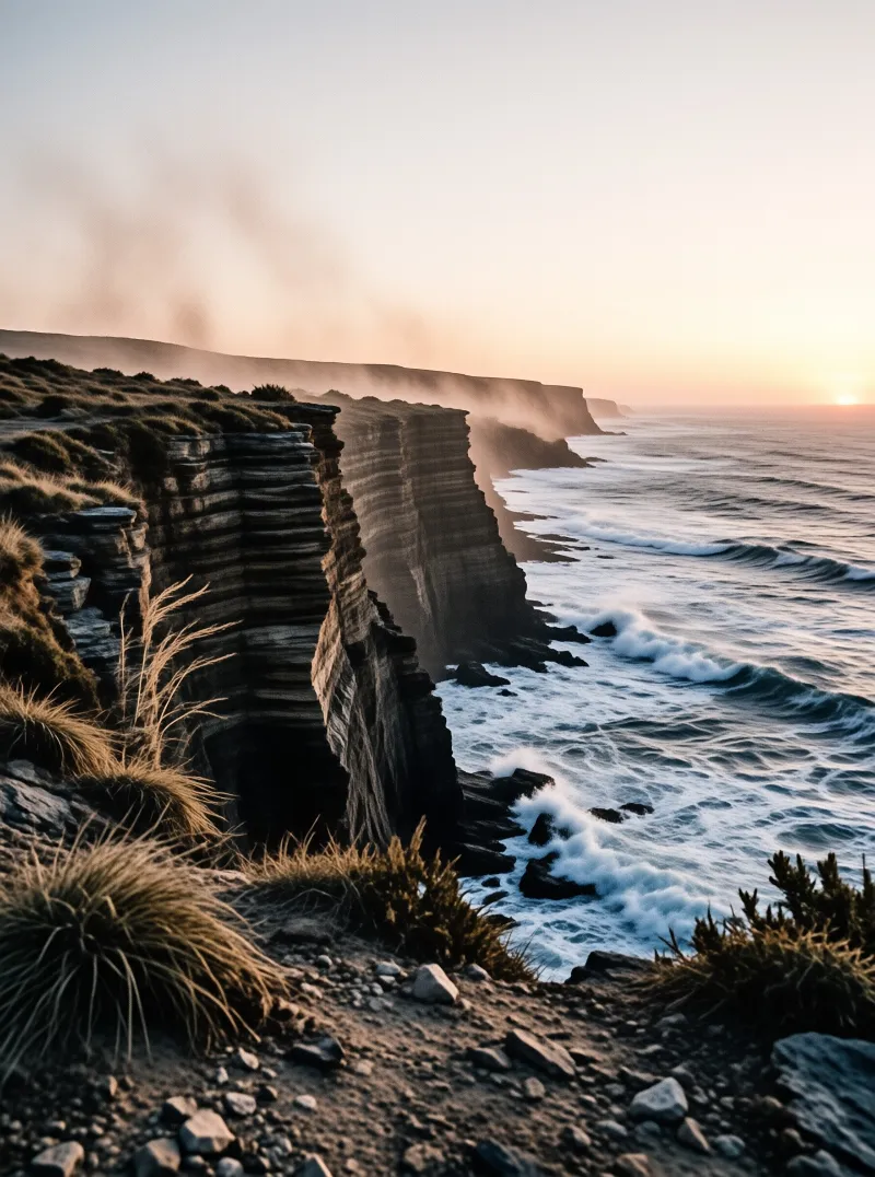 Steep rock formations drop into the ocean as soft pink light washes across the misty coastline