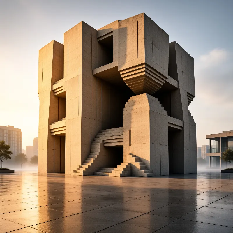 A massive beige stone building with geometric shapes stands on a wet plaza reflecting golden sunlight.