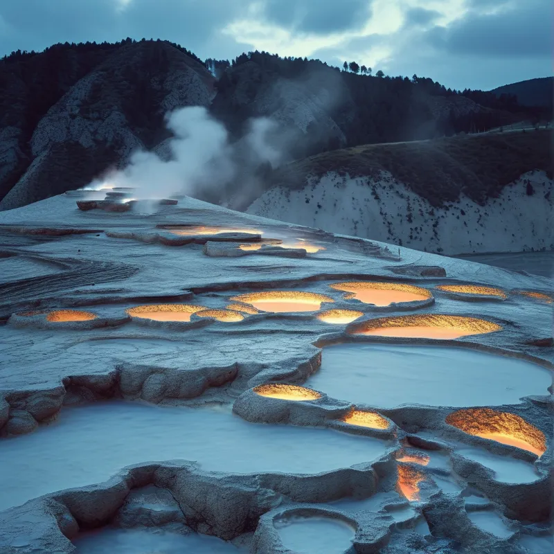 Terraced pools of water shimmer with golden reflections under a dark blue sky as steam rises from geological formations.