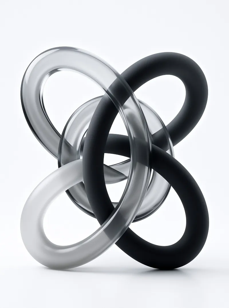 Interlocking black and white rings create a sculptural form against a seamless white background with soft shadows.