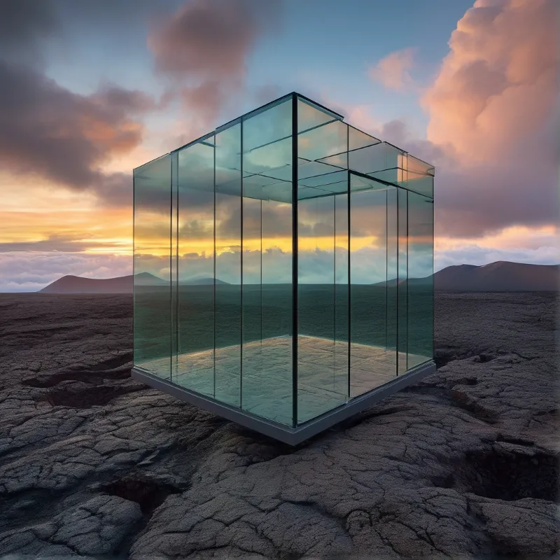A solitary glass pavilion rests on fractured ground while capturing the vibrant hues of a fading sunset.