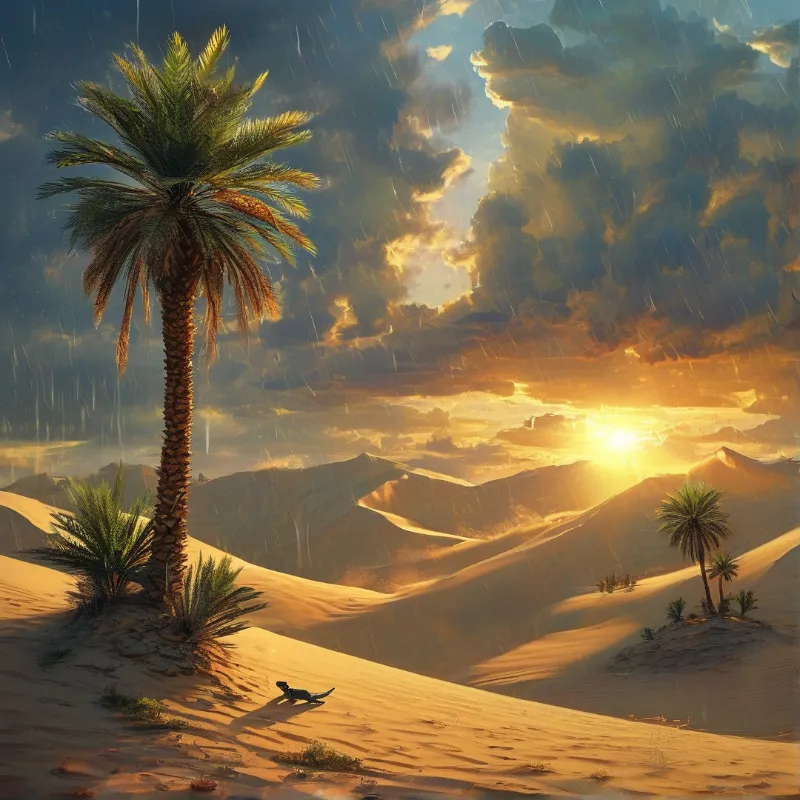 A tall palm tree stands on a sandy dune while rain falls from clouds.
