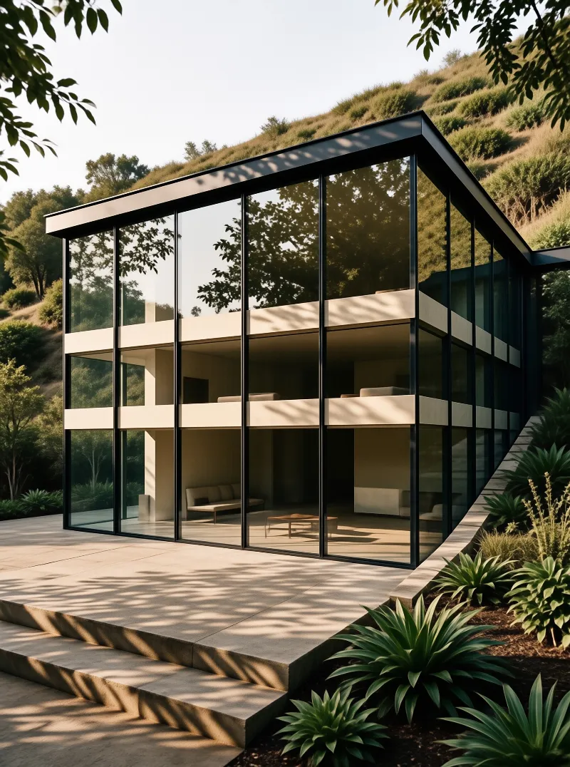 Glass house with black frames sits on concrete patio beside grassy hillside under dappled tree light.