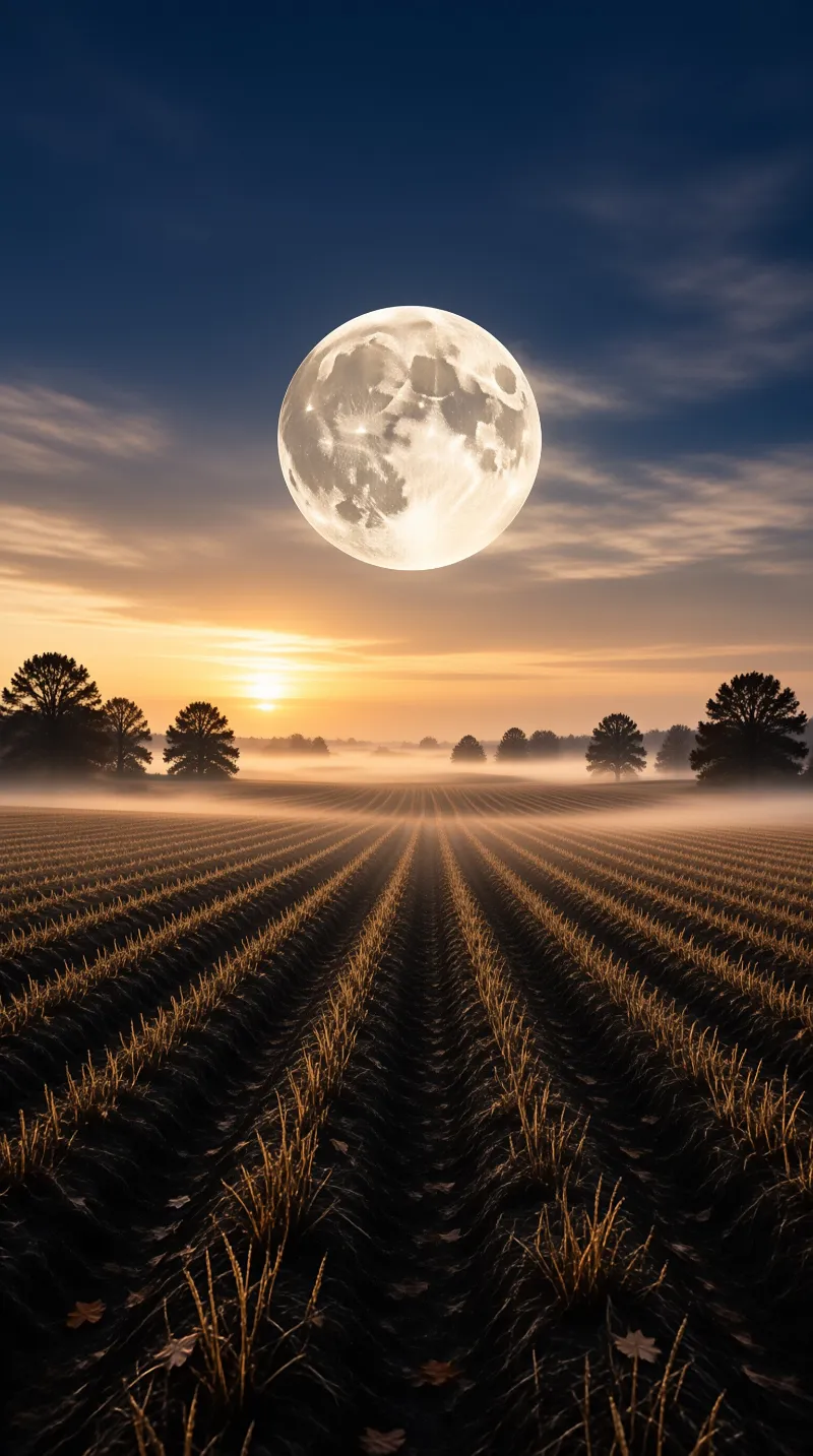 A giant moon hangs over dark rows of crop stubble with fog, trees and golden sunrise light at the horizon