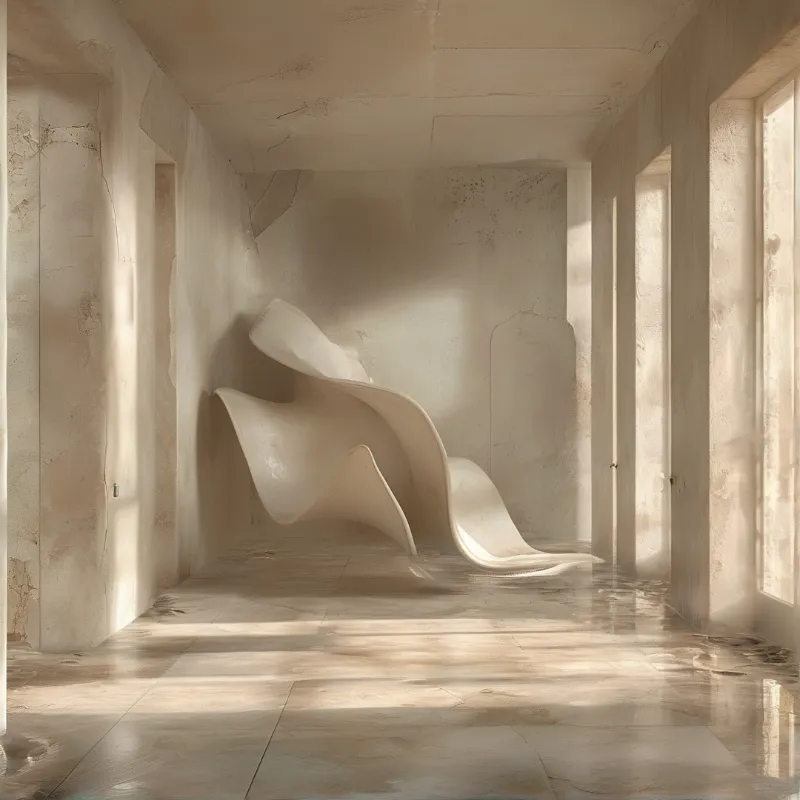 A white sculptural chair rests against weathered walls in a sunlit concrete corridor with polished floors and soft shadows