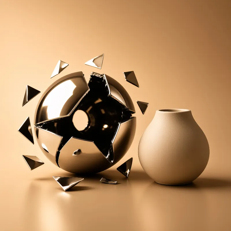 A mirrored sphere bursts into floating metal shards beside a calm cream vase on a warm beige studio backdrop.