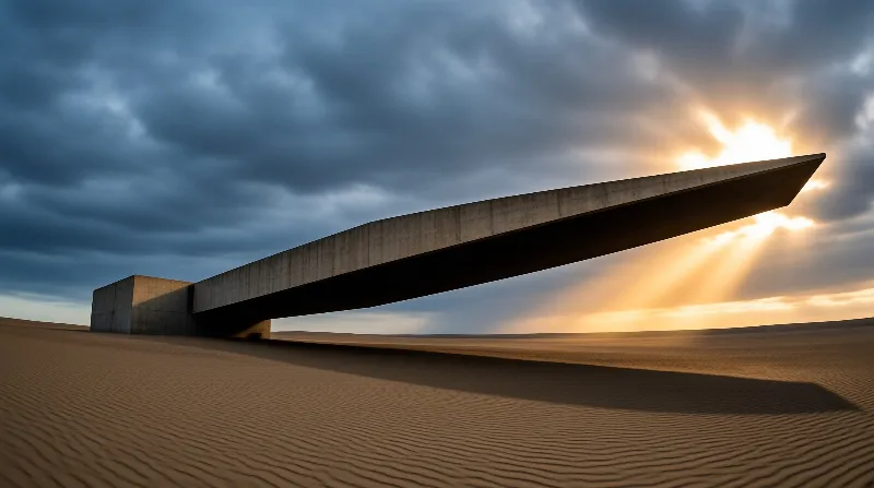 A thick cantilevered concrete structure juts out over rippled sand dunes while dramatic sunset rays break through heavy dark clouds in the background.