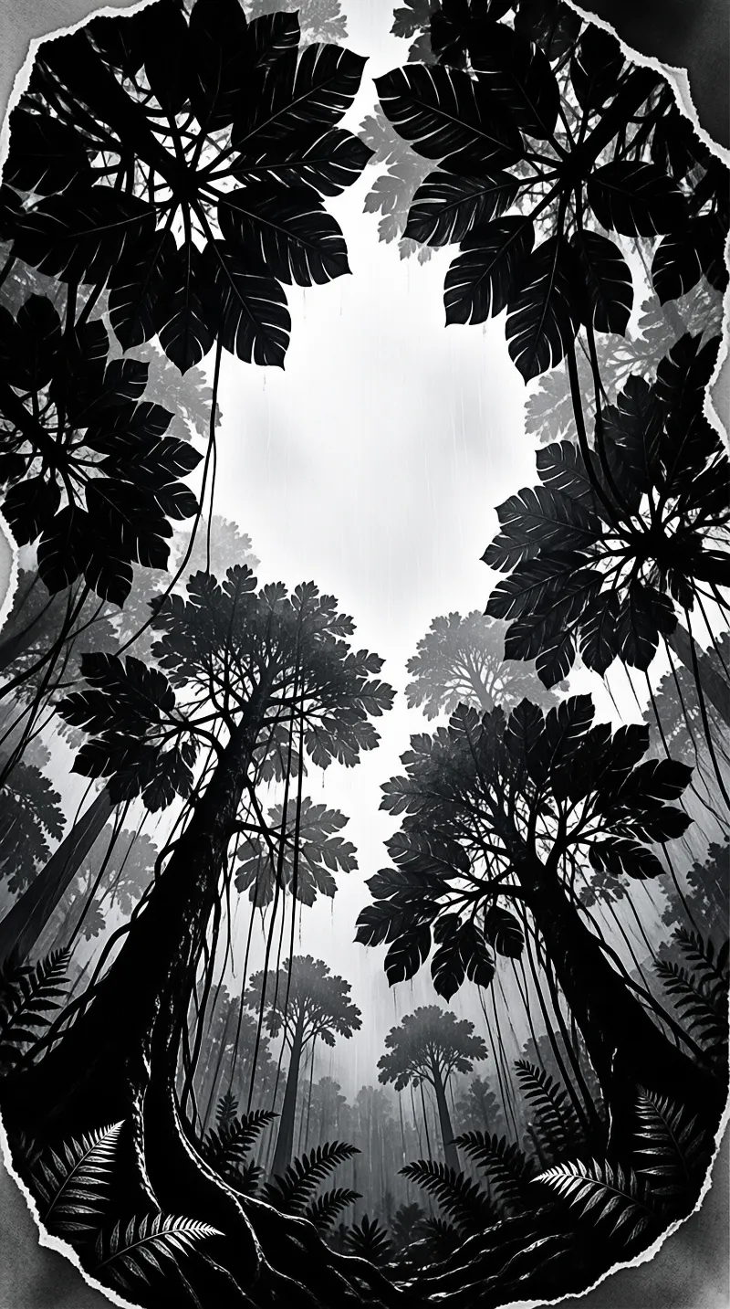 A grayscale illustration of a dense tropical forest with prominent split leaves and a misty distant canopy visible through a gap.