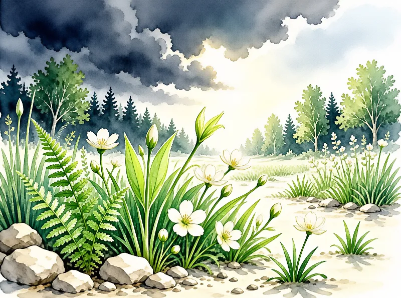 Delicate white flowers and green ferns grow among rocks as dark storm clouds roll over a forest treeline.