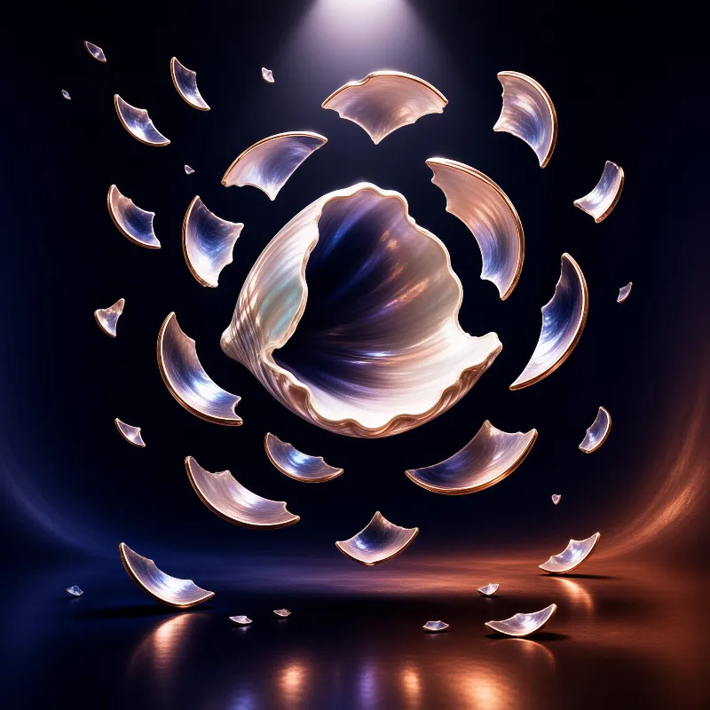 Iridescent shell fragments suspended in a circle within a dark studio space illuminated by a beam of light.