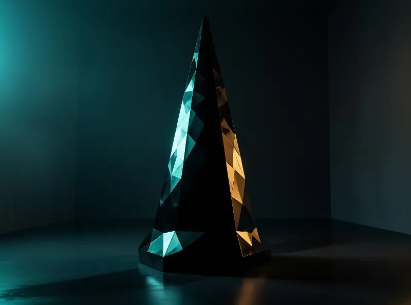 A sharp pyramidal object rests on a dark floor lit by split cyan and orange spotlights.