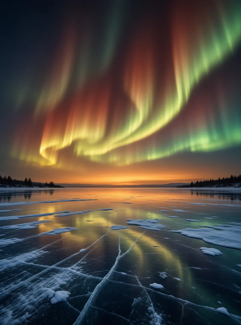 Green and orange aurora borealis dancing above a cracked frozen lake surface with snow and distant trees