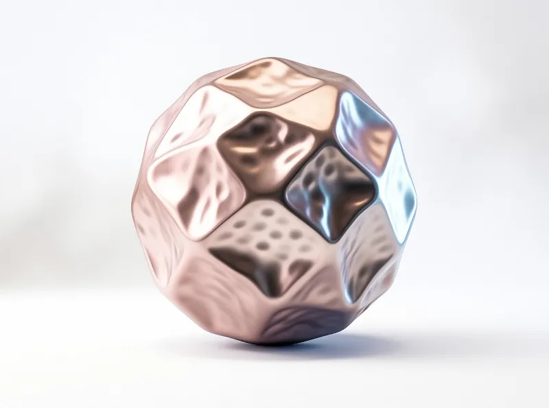 A shiny metallic polyhedron rests on a plain white surface with bright highlights.