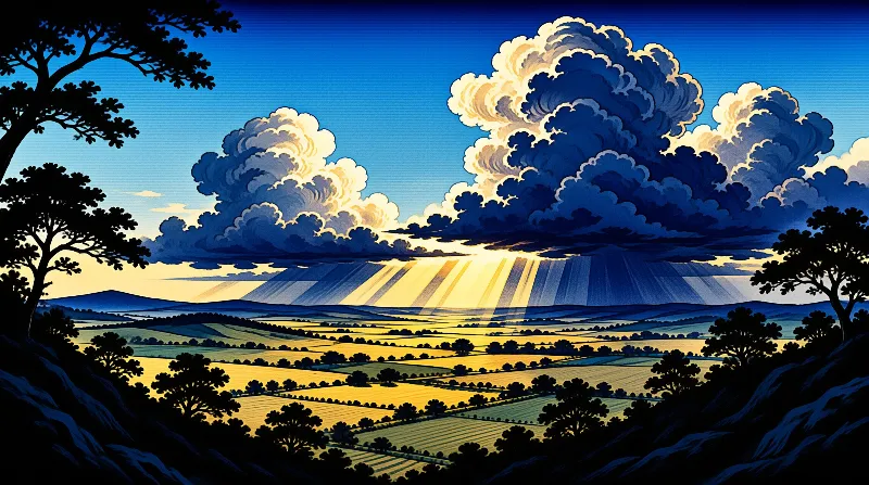 Bright sunbeams cut through massive clouds and illuminate the patchwork fields below while trees frame the view.