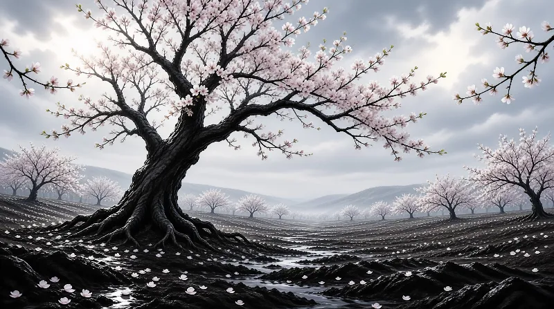A large tree with dark roots and pink blossoms stands in a misty field of rolling hills.