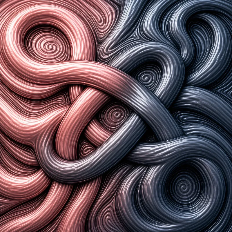 Glossy copper and steel blue ribbons twist into an interlocking knot across a marbled spiral background.
