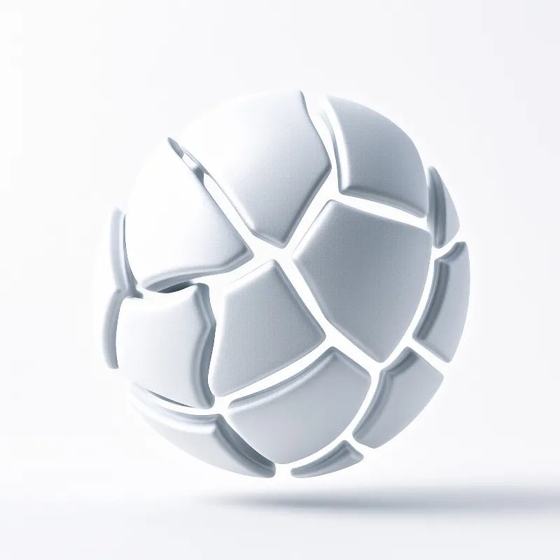 A glossy white sphere composed of irregular shell-like segments floating against a bright studio background.