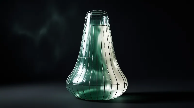 A translucent teal object wrapped in a wire frame stands against a dark background with internal glow.