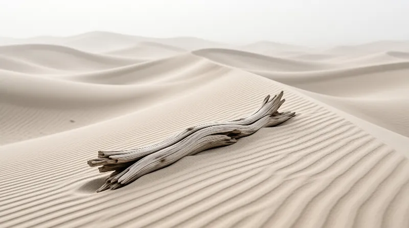 A piece of bleached driftwood lies across rippled sand dunes under a bright overcast sky