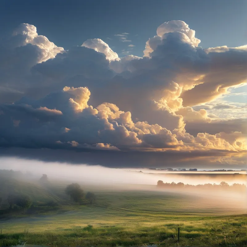 Massive storm clouds rise over a low lying fog bank that blankets the lush countryside in soft golden light