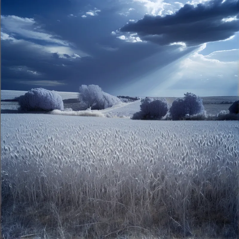 Frost covers a field of grass and trees while dramatic sun rays break through dark clouds to illuminate the cold scene.