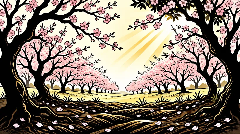 Rows of pink cherry trees line a sunlit field, golden rays cross their branches, and fallen petals cover the dark textured ground.