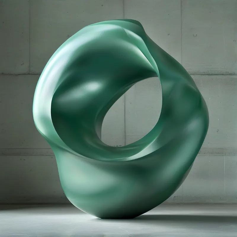 A smooth matte green twisted loop shaped sculpture sits against a raw concrete wall in soft even lighting.