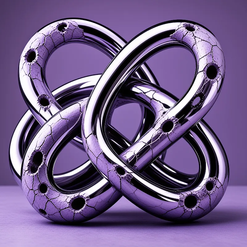 A cracked violet metal infinity knot sits on a flat purple surface with bright reflective light along its twisted form.
