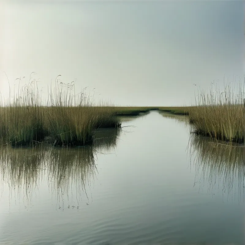 Tall green and brown reeds grow on both sides of a narrow water channel reflecting the overcast sky