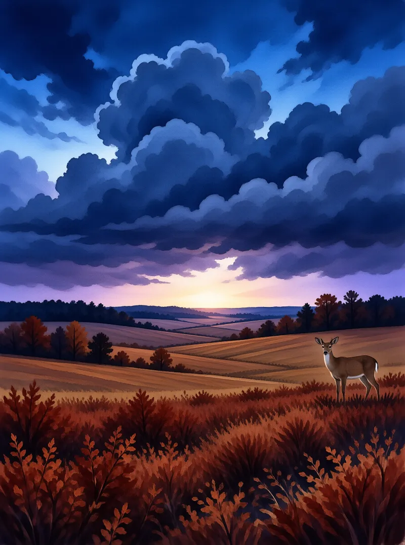 A painted doe pauses in russet grass as rolling farmland fades under heavy indigo storm clouds at sunset