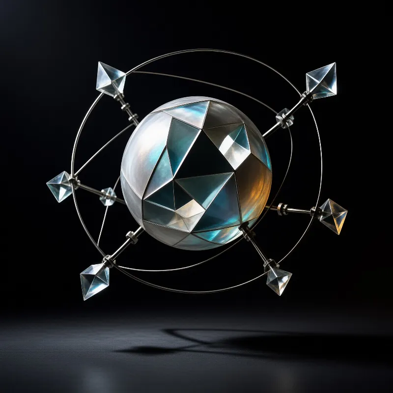 A faceted iridescent sphere is encircled by thin metal rings and rods with small diamond crystals at their ends.