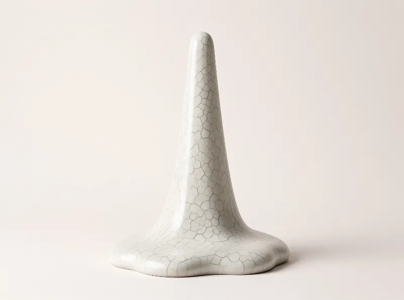 A tall white ceramic object with a cracked glaze pattern stands on a smooth beige surface under soft studio lighting.
