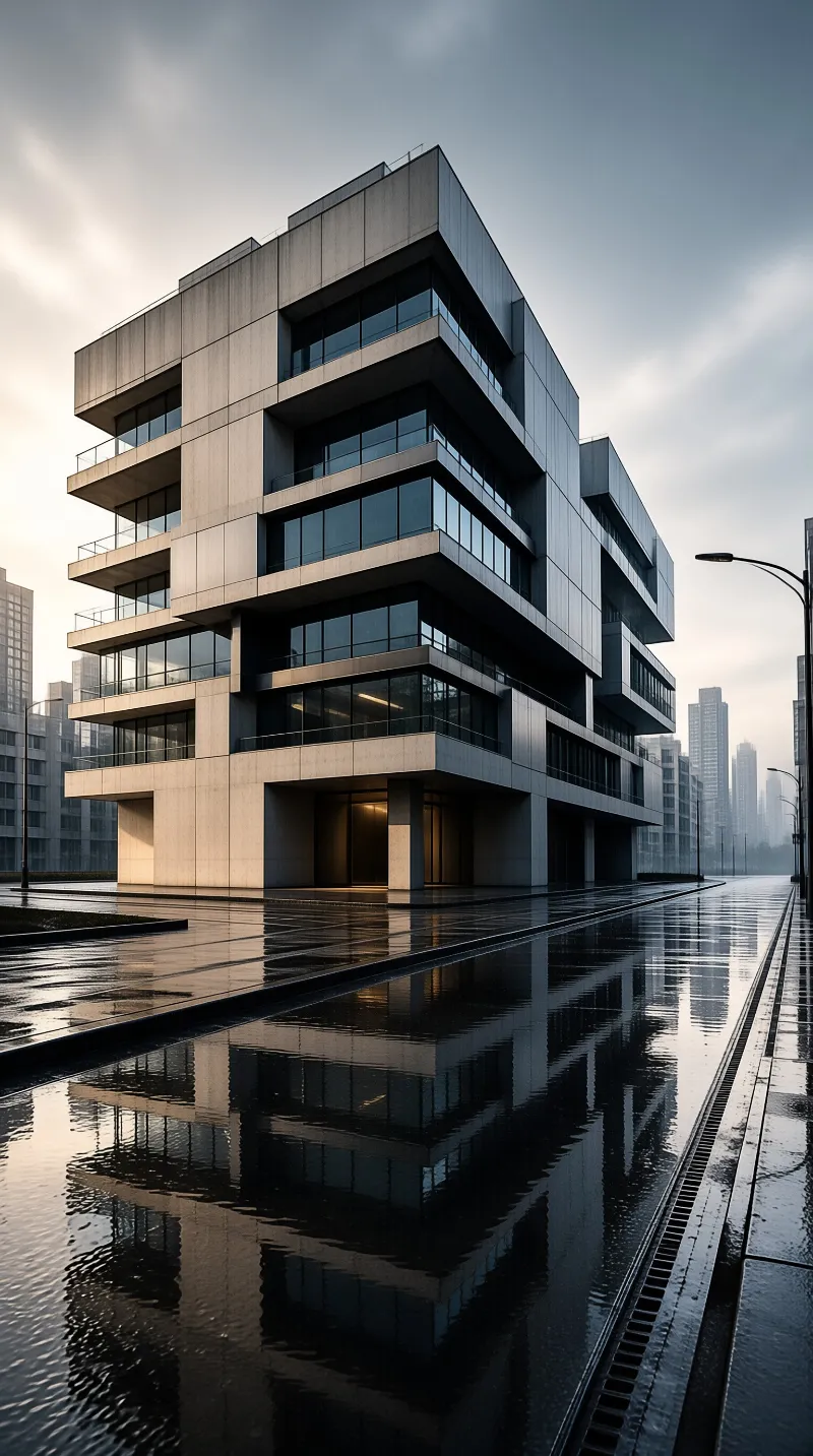 A layered concrete building stands on a wet urban street reflecting the overcast sky and distant city skyline.