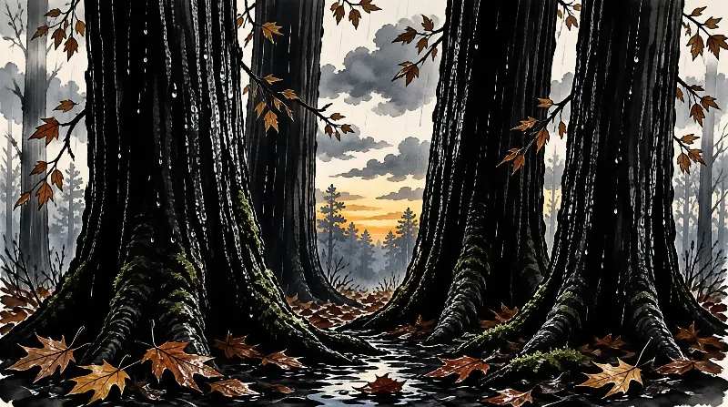 Dark tree trunks with mossy roots line a rainy path leading to a warm sunset glow on the horizon.