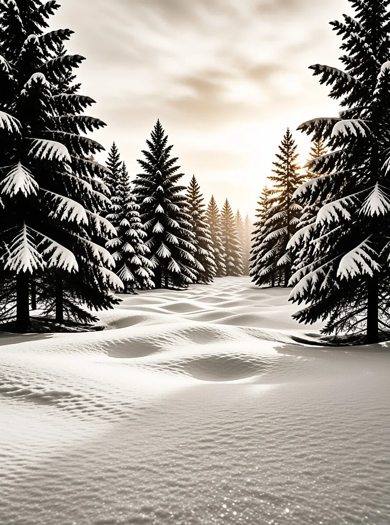 Dark coniferous trees heavy with snow line a winding white landscape as warm sunlight breaks through the haze in the background creating a strong contrast between shadow and light.