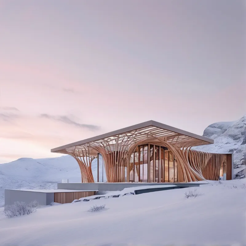 A curved wooden pavilion with large glass windows rests on a snow covered mountain slope at dusk.