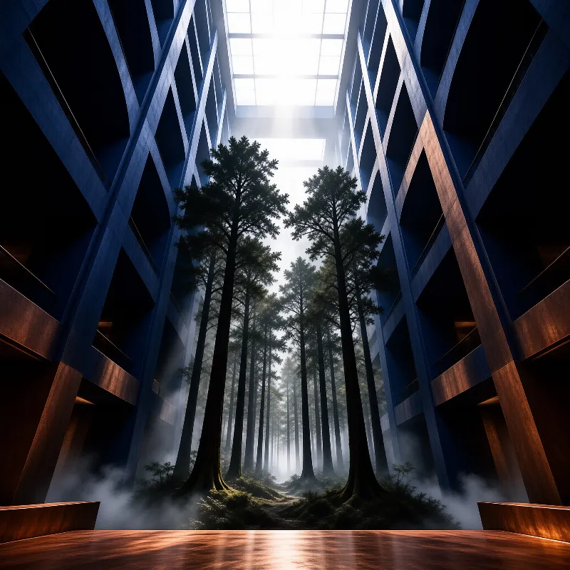 Tall trees stand in a misty courtyard enclosed by blue geometric walls with light streaming from a skylight above.